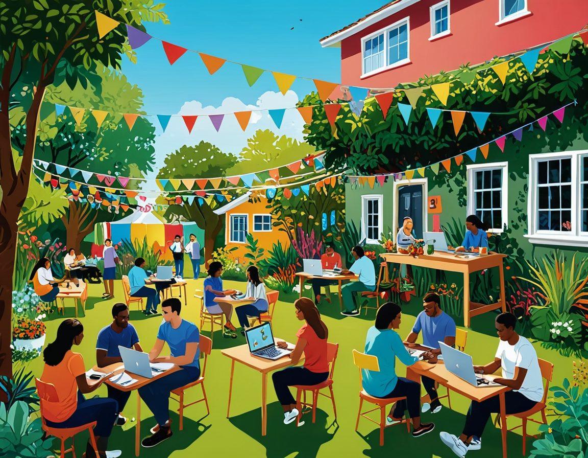A vibrant community hub featuring diverse, smiling people engaged in various creative activities like painting, coding, gardening, and music. The background should include colorful banners and decorations. Emphasize joy and collaboration. Vector art. Vibrant colors.