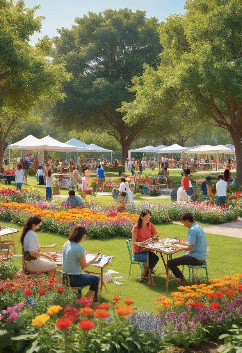 A diverse group of people engaging in various hobbies like painting, gardening, playing musical instruments, cooking, and reading, all set in a vibrant and cozy community park. Each person exudes joy and passion, with vibrant colors highlighting the variety and excitement of their activities. super-realistic. vibrant colors. white background.