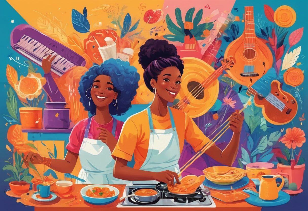 A collage of diverse, user-generated content highlighting various recreational activities such as cooking, painting, and playing musical instruments. The background should feature a virtual community board with pinned pictures, videos, and short comments. Each activity should be vibrant and engaging, showcasing the fun and creativity of amateur creators. vector art. vibrant colors.